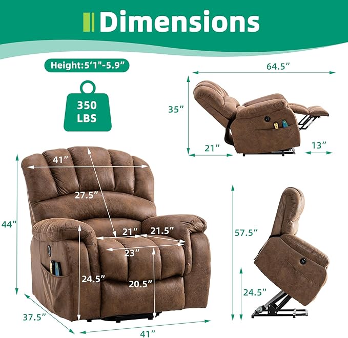 VIVIJASON Large Power Lift Chair Electric Recliner with Heat &amp Massage for Elderly Big People Heavy Duty and Safety Motion Wide Recliners with 2 Remote Controls Side Pockets &amp USB Ports Bro