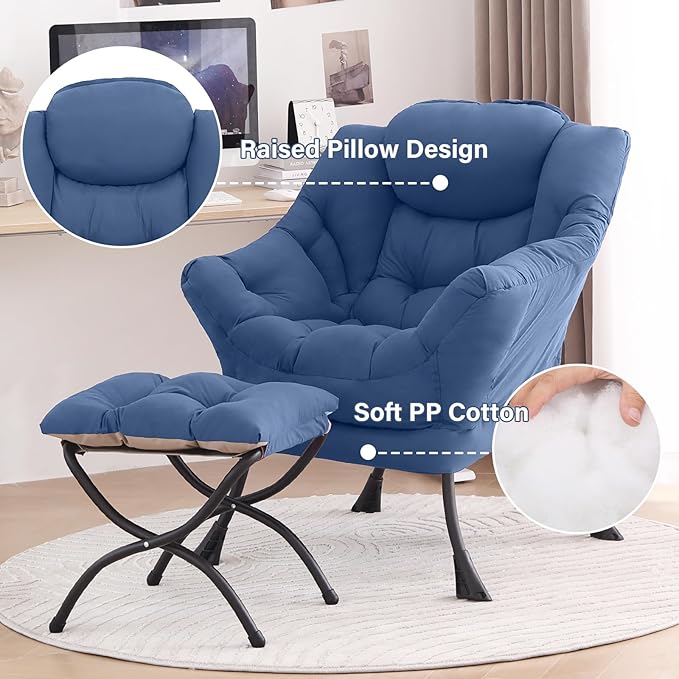 Tiita Lazy Chair with Ottoman Blue Modern Large Accent Chair Comfy Leisure Sofa Armchair with Ottoman Reading Chair with Footrest for Bedroom Living Room Dorm Rooms Blue