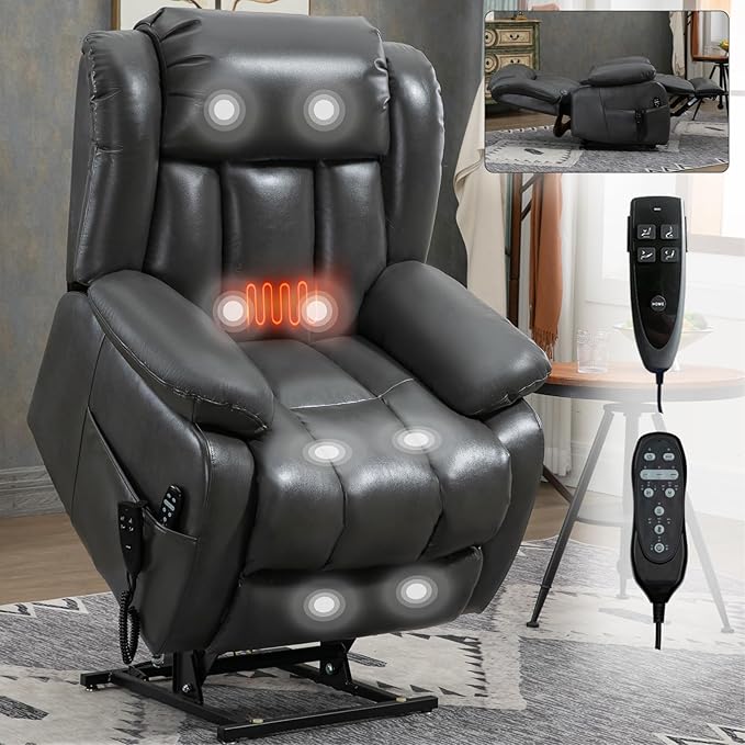 KEIKI Oversized Recliner Chair Electric Dual Motor Lift Leather Recliner for Elderly Synthetic Leather Upholstery with Infinite Position and Back Massager with Heat Rocking Lounge Chair Grey