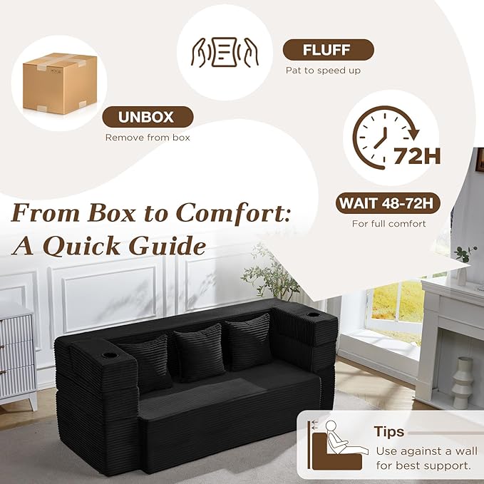 Folding Sofa Bed 78.7”Full-Length Floor Sleeper Couch Full Size Folding Sofa Bed with 2 Ottomans 3-in-1 Convertible Foam Futon No Assembly Sleeper Couch for Living Room Bedroom Small Space Black