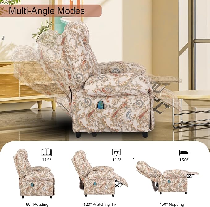 KCREAM Massage Chair Recliner with Heat Manual Fabric Recliner Chairs with Side Pockets Small Recliner Chairs for Small Spaces Overstuffed Recliners Single Sofa with Vibration Home TheaterFloral