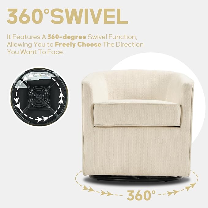 CANMOV Swivel Accent Chair for Multi-Scene Use 360 Degree Club Chair with Ottoman Set Comfy Fabric Barrel Reading Chairs with Simple Line Design for Living Room Bedroom Round Reading Chair Beige