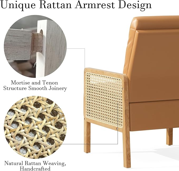Rattan Accent Chair with Rattan Arms Mid Century Modern Chair for Living Room Faux Leather Upholstered Comfy Chair for Bedroom Reading Room Home Office Whisky Brown