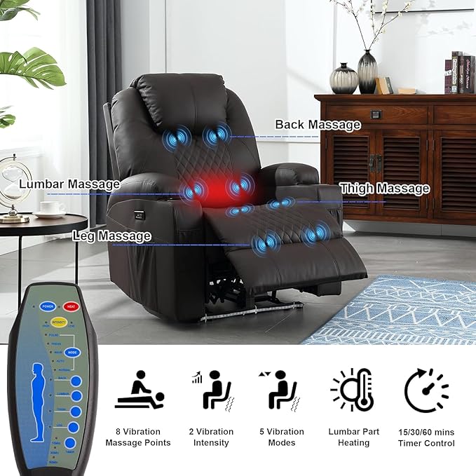 Power Recliner Chair with Heat and Massage PU Leather Home Theater Seating with LED Lights/Cup Holders/Side Pocket/USB Port Reclining Sofa Chair for Living Room(2 Brown)
