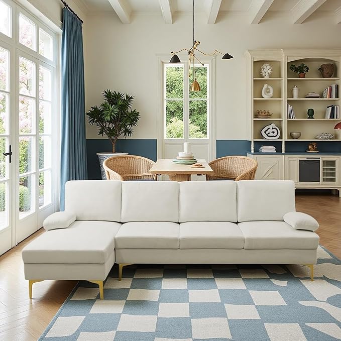 FONTOI L Shape Sofa with Chaise 4 Seat Living Room Sofa Set with Golden Wooden Leg Sectional Couch with Fluffy Fabric for Living Room Apartment Off-White