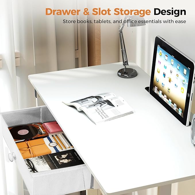 GTPLAYER Small Mobile Standing Desk 32In Wide Adjustable Height Stand Up Desk for Home Office Portable Sit Stand Rolling Computer Desk with Wheels Storage Drawer and Slot White Walking Laptop Table