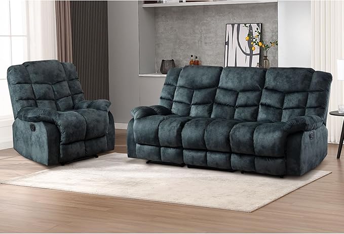 EBELLO Manual Recliner Sofa Set Soft Fabric Reclining Living Room Set Included Single Recliner Chair and 3PC Bonded Manual Recline Sofa Grey Green