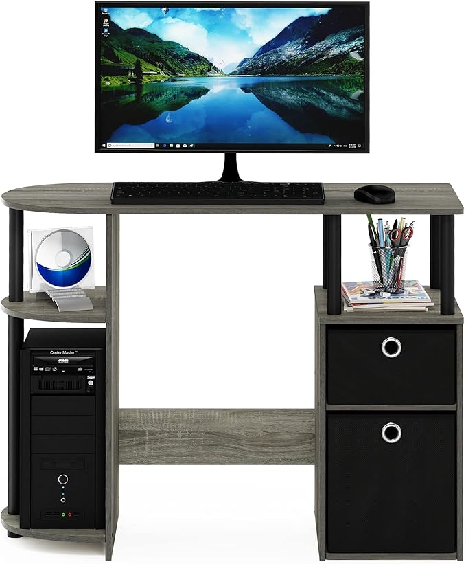 Furinno JAYA Desk 38.4 Wide Gaming Desk with Bin Drawers Computer Desk with Side Shelf Office Desk for Study Home Office Bedroom Dorm Study Room French Oak