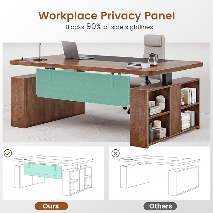 SEDETA 63 Executive Standing Desk with Storage Executive Height Adjustable Desk with Power Outlets Large Computer Office Desk with Privacy Panel for Home Office Warm Golden Brown
