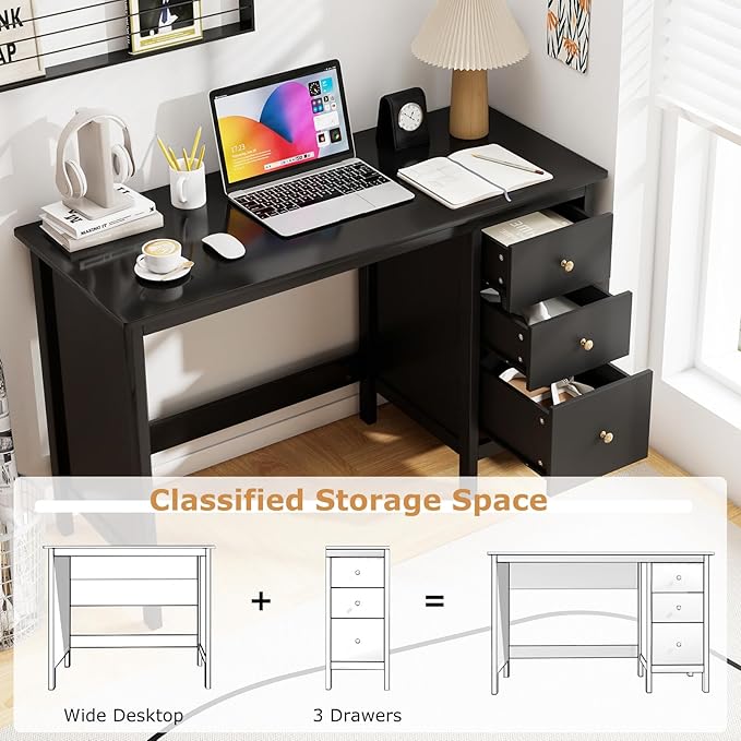 Tangkula Black Desk with Drawers Modern Home Office Computer Desk with Storage Drawers &amp Spacious Desktop Compact Writing Study Desk Laptop Desk for Bedroom Multipurpose Computer Workstation
