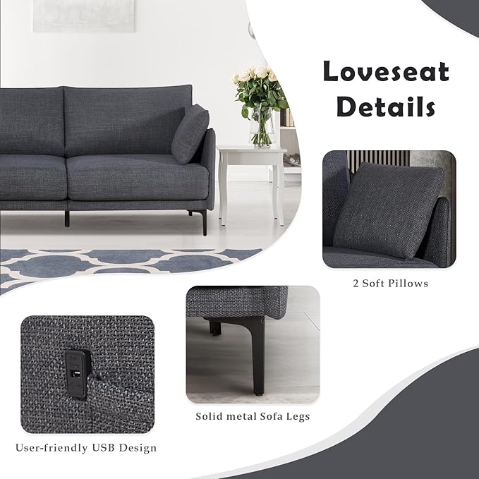 53 Loveseat Sofa Small Couch Fabric Upholstered 2-Seat Sofa with USB Port for Small Place Apartment Living RoomOffice(Grey)