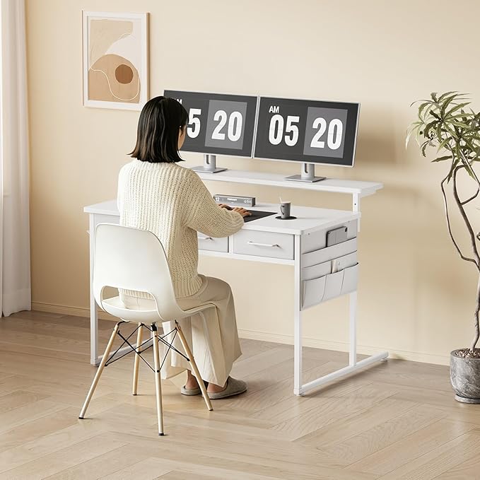 Small Desk with Drawers 39.4X15.8-22.9 Inches Office Computer Desk with Side Pocket &amp Ergonomic Monitor Stand Writing Table for Small Spaces Bedroom White