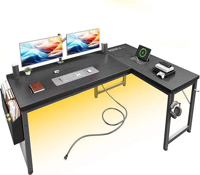 L Shaped Desk Gaming Desk with Power Outlets &amp 0.95 Inch Thicker Desktop Computer Desk with Storage Bag Corner Desk with LED Lights Reversible Office Desk for Home LivingBedroom Black
