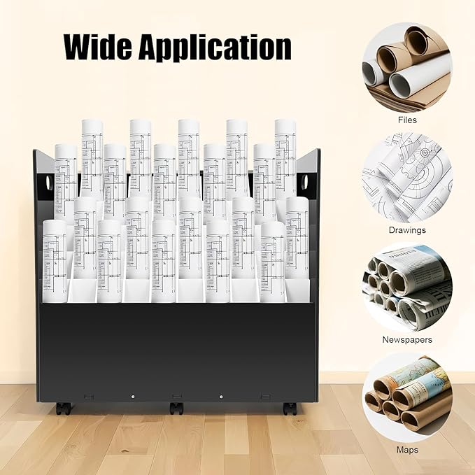 50-Slot Rolling File Organizer with Lockable Wheels - Heavy Duty Blueprint Holder Cart for Drawings Newspapers Documents Tubes (30x15.75x28.5in) - 5 Adjustable Tier Depths Easy Assembly
