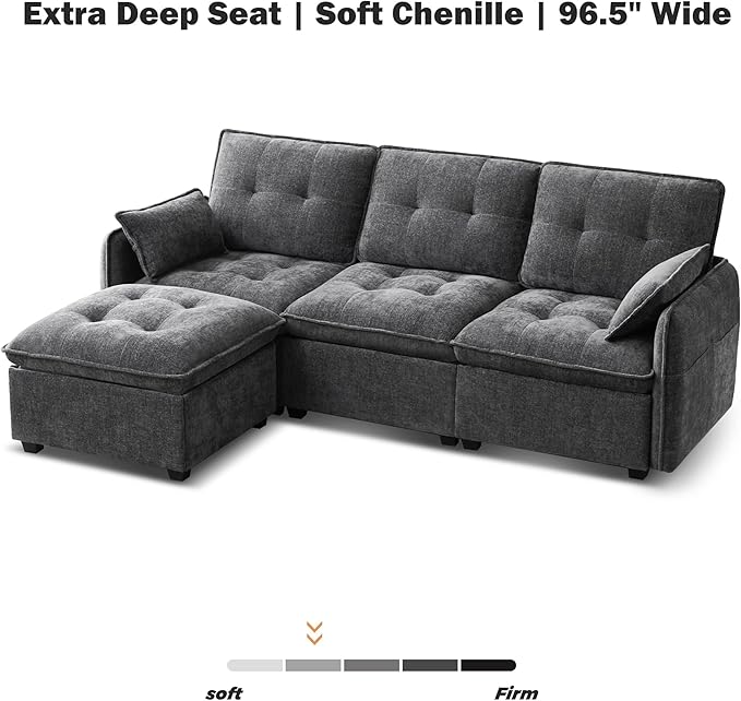 Oversized Modular Sectional Sofa with Ottoman 96.5'' 3 Seat Deep Seat Chenille Couch Convertible L Shaped Sofa with Pillows Comfy Seating Couch for Living Room Apartment Office (Grey)