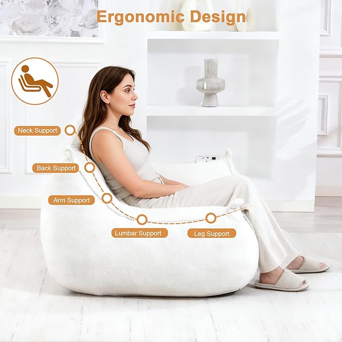 Ergonomic Bean Bag Chair - Premium Faux Fur Sofa with High-Density Foam Core Multi-Scene Comfort Seating for Living Room/Bedroom/Apartment Beige/White (2 Seat)