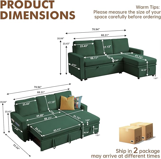 Pull Out Sleeper Sofa Bed 2 in 1 Pull Out Comfy Corduroy Couch with Storage &amp Side Pocket Convertible L Shaped Couch Bed for Living Room Apartment Green
