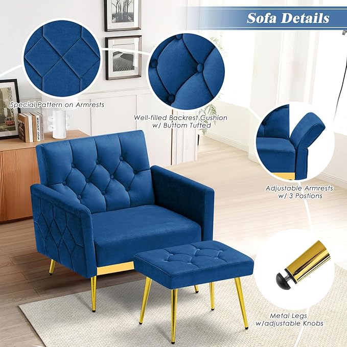 Velvet Accent Chair w/Adjustable Armrests and Backrests Tufted Single Sofa with Ottoman Upholstered Reading Chiar for Living Room Apartment Bedroom Blue