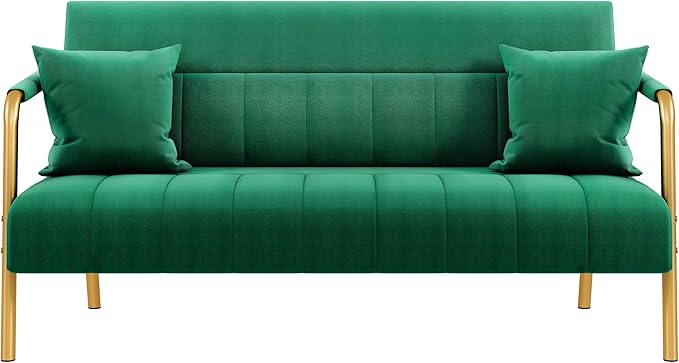 Yaheetech 56.5 W Modern Sofa Small Sofa Luxurious Velvet Fabric Couch with Gold-Tone Metal Arms and Legs for Living Room Home Office Studio Green