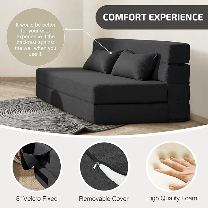 Folding Sofa Bed with Pillows- Convertible Chair Floor Couch &amp Sleeping Mattress Foldable Memory Foam Sleeper for Living Room/Dorm/Guest Room/Home Office/Apartment/Loft Queen Dark Gray