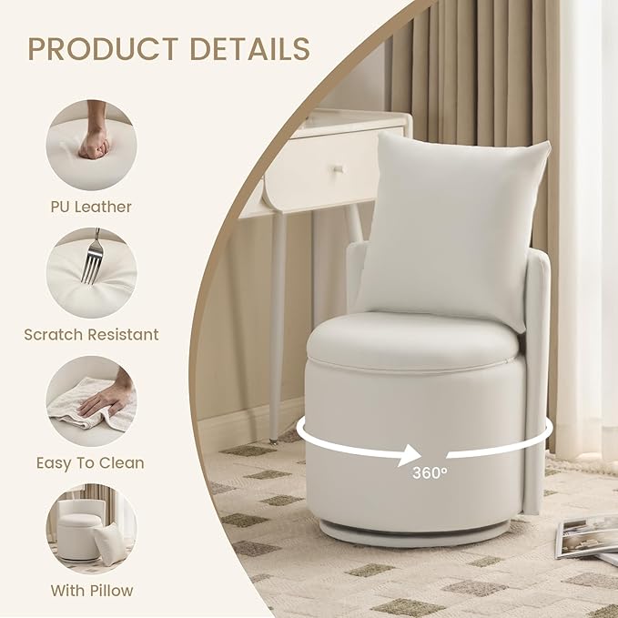 360° Swivel Vanity Chair with Storage PU Leather Round Storage Ottoman with Pillows No Assembly Modern Comfy Makeup Stool for Bedroom Dressing Living Room (White)