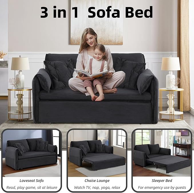 3 in 1 Sleeper Sofa Couch Bed Pull Out Couch Bed Oversized Loveseat Sofa Bed with Padded Armrest Upholstered Cloud Couch Sectional for Living Room (Corduroy Black)