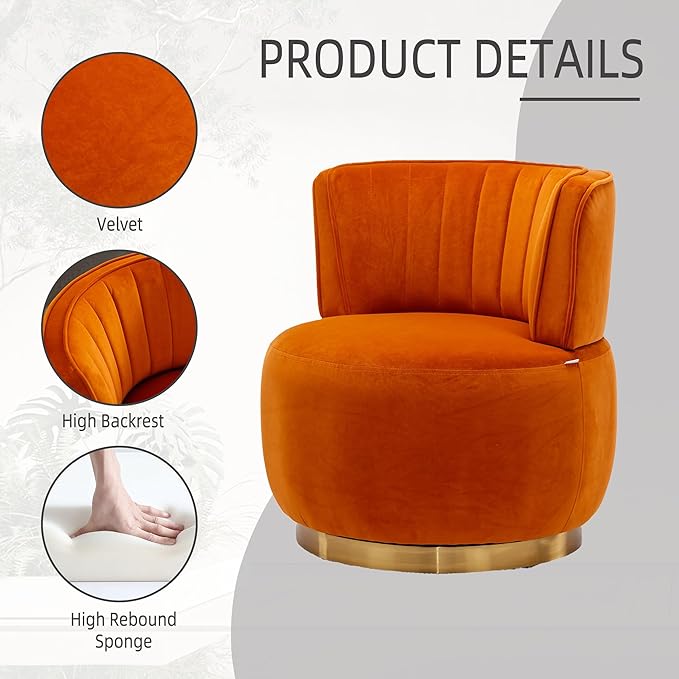 KEIKI Swivel Barrel Accent Chair 360 Degree Rotating Upholstered Armchair with Velvet Fabric for Living Room Office Bedroom Orange