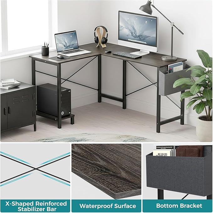 Alpen Gaming Desk Home Office L Shaped Desk Small Computer Corner PC Table with Side Bag and Reversible Shelf Sturdy Writing Workstation for Bedroom Living Room Grey