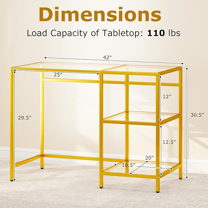 GOFLAME Computer Desk with Shelves 42” Home Office Desk with Metal Frame Tempered Glass Study Writing Table Modern Simple PC Desk for Living Room Bedroom (Golden)