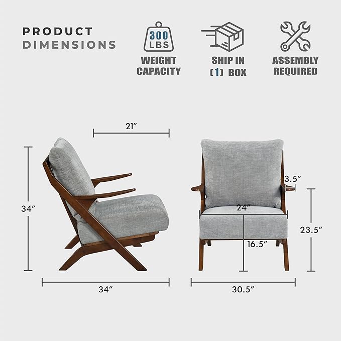 Lexicon Mid Century Modern Accent Chair Pascal Brown Solid Rubberwood Frame Reversible Back Cushion Woven Chenille Upholstered Reading Chair for Living Room/Bedroom/Office Grey