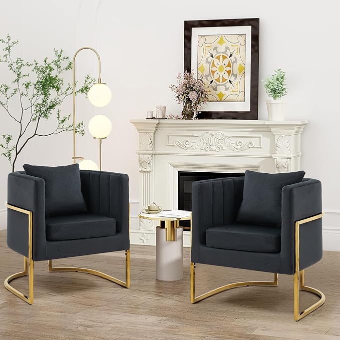X-VOLSPORT Velvet Accent Chair in Black Modern Barrel Arm Chair for Living Room/Bedroom/Guest Reception Upholstered Club Armchair with Pillow &amp Gold Base