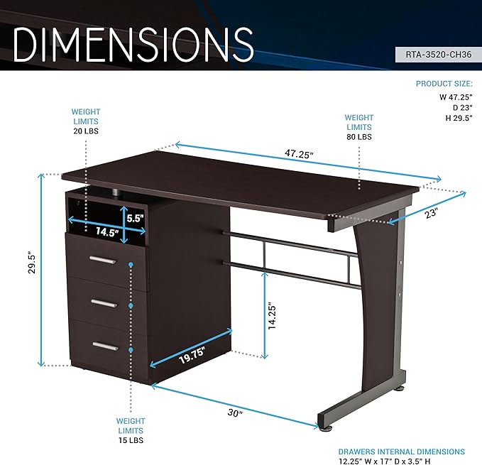 47.25 Computer Desk with Drawers Home Office Desk with Storage Heavy Duty and Water Resistant Study Table Chocolate Brown