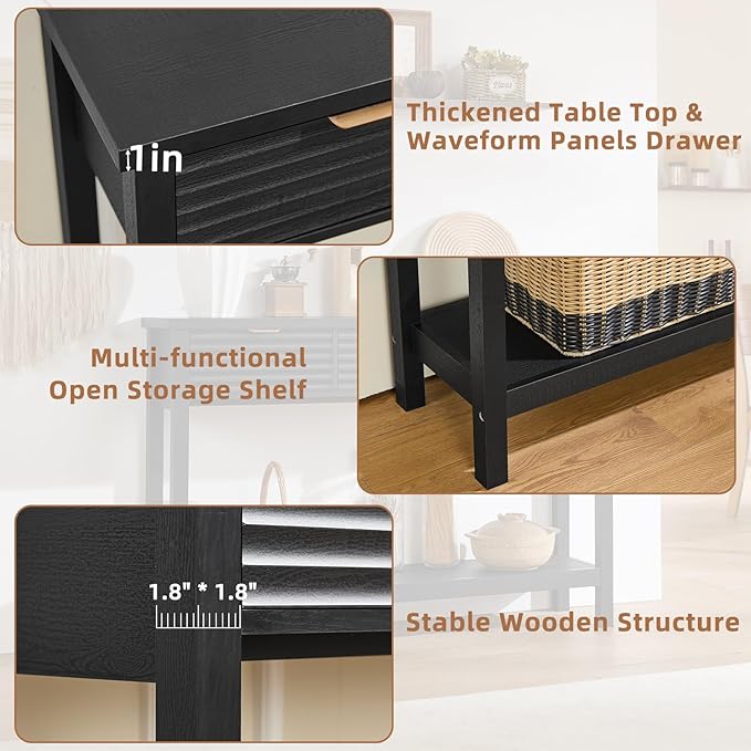 LEYAOYAO Fluted 47.2 Console Table with 3 Drawers Modern Wood 2 Tier Entryway Table with Open Storage Shelf Boho Sofa Entry Tables Behind Couch for Living Room Hallway Entrance Foyer Black Oak