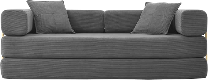 Folding Sofa Bed Convertible Sleeper Sofa Bed with Gold Fixed-Shape Frame Corduroy Floor Couch Lazy Compression Sofa for Living Room Bedroom Home Theater Grey