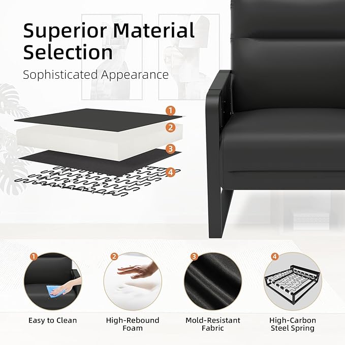 Modern Accent Chair Mid Century Armchair with Side Table &amp Metal LegsUpholstered Faux Leather Sofa Side Chairs for Living Room Reading OfficeBedroom(Black)