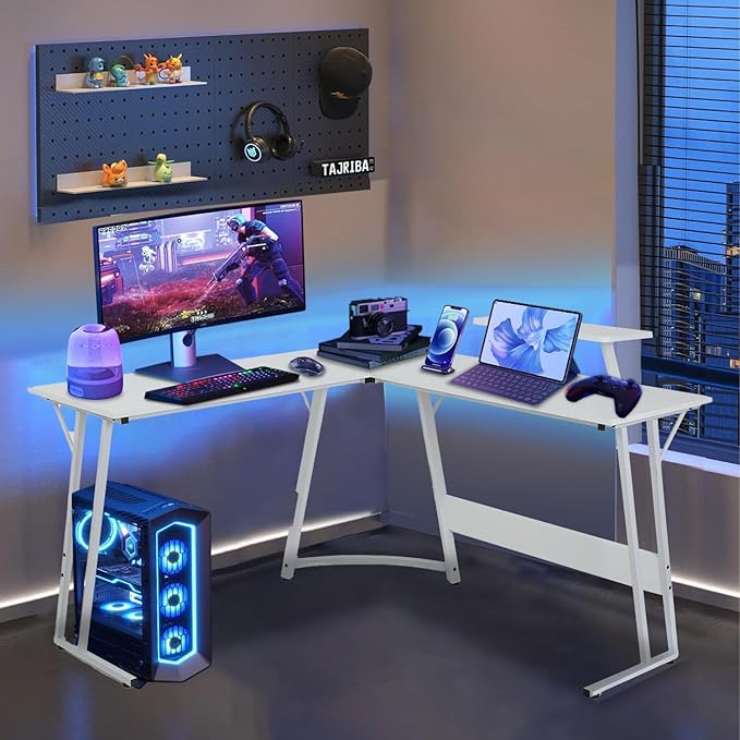 51 inch L Shaped Gaming Desk Computer Desk for Bedroom White L shaped Desk for GamingHome Office Desks with Detachable Monitor Stand Corner Desk for Small PlaceLargeCarbon FiberWhite desk