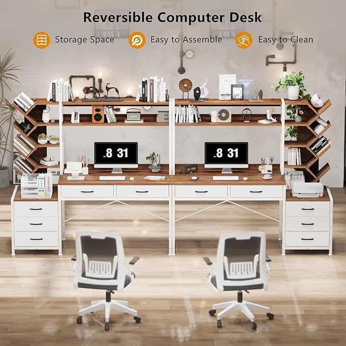 Reversible Computer Desk with Hutch Home Office Desk with 5 Drawers and Bookshelf 52'' Study Writing Desk with Storage Shelves for Bedroom Home Office Brown and White