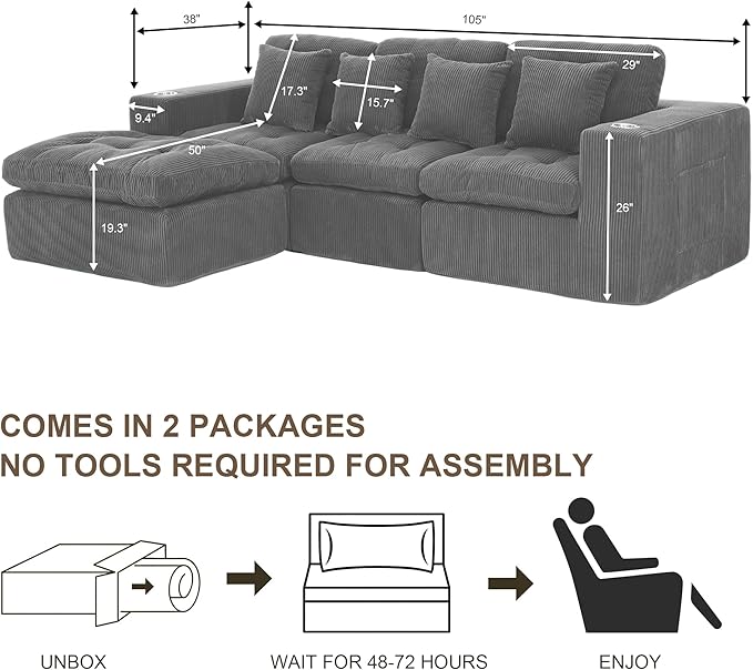 105 L Shaped Modular Sectional Sofa with OttomanCloud Boneless Couches for Living RoomCorduroy Comfy Couch with Chaise and Cup HolderUpholstered Sofa in A Box No AssemblyDark Grey