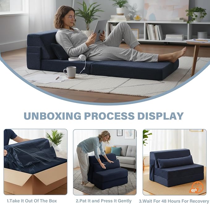 Tiita Convertible Folding Sofa Bed Single Size for Adults with Pillow Plush Fabric Floor Mattress Couch Bed Washable Cover &amp Side Pocket Guest Room Dorm Apartment Living Room Navy