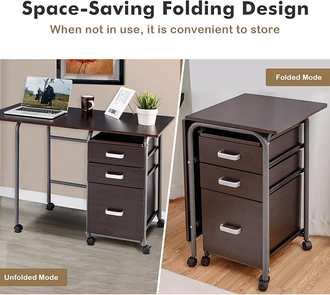 Foldable Computer Laptop Desk w/ 3 Drawers Wheeled Laptop Desk with Metal Frame Space Saving Folding Desk with Rolling Wheels for Home Office Small Space (Brown)