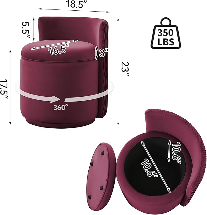 Velvet Vanity Chair with Storage 360° Swivel Makeup Chair with Wave Back No Assembly Small Accent Stool for Bedroom Dressing Living Room Burgundy