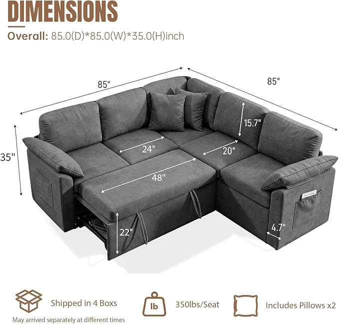 85 Modular Sectional Sofa with Pull Out Bed L Shaped Couch with Storage 5-Seater Sleeper Sofa Sectional Couches for Living Room Cloud Modular Couch with Removable Sofa Cover