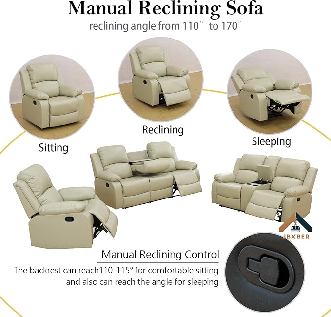 Manual Recliner Sofa Set for Living Room Leather Reclining Sofa Sets Faux Leather Couch Set with Cup Holders Drop-Down Table and Storage Console(SofaBeige)