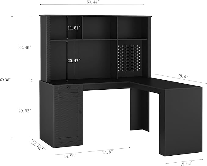 L Shaped Computer Desk with Pegboard &amp Charging StationHome Office Corner Desk with Drawer Bookshelf &amp Hutch Writing Desk with StorageComputer Desk for BedroomOfficeLiving Room (Black)