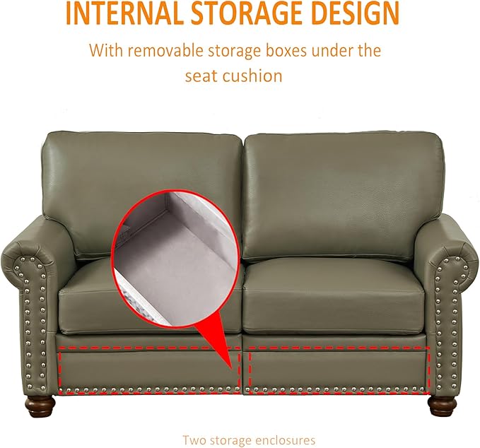 Harper &amp Bright Designs Loveseat Sofa Two Seat Couch with Storage Space Wood Legs Nails Decoration Faux Leather 2-Person Sofa for Living RoomBedroomSmall Space (Grey)