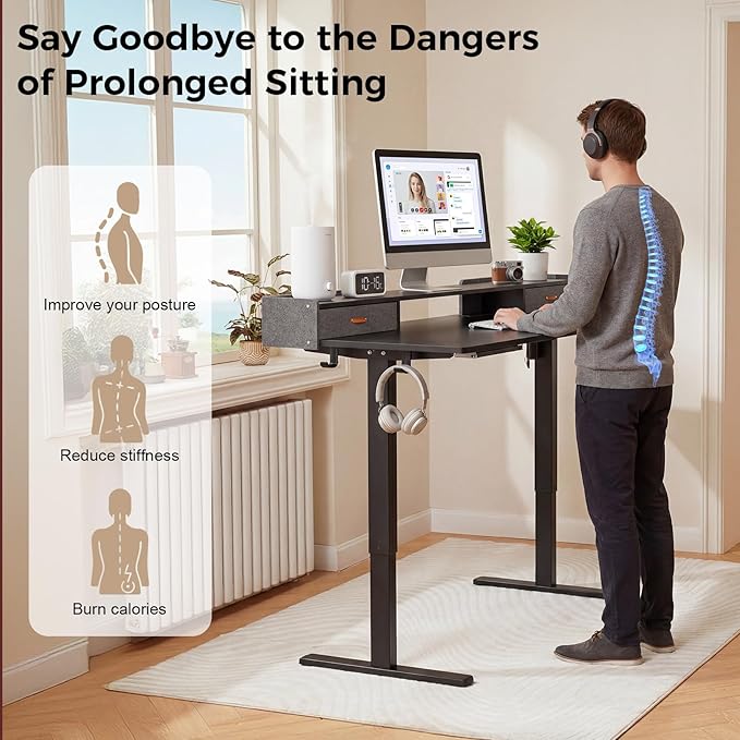 Electric Standing Desk with Drawers 55 Inch Height Adjustable Desk with Power Outlets &amp LED Lights Sit Stand Table with Monitor Stand for Home Office Black