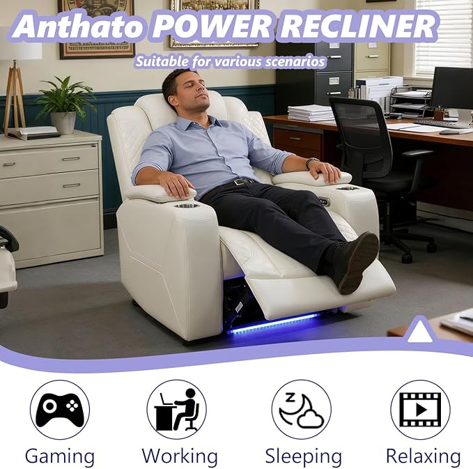 Power Theater Recliner Chair Cream White Leather Reclining Sofa Couch Chair Modern Comfy Recliner with Arm Storage/Cup Holder/USB Port for Living Room Furniture Office Home Theater