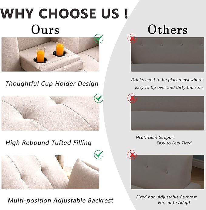 70 Futon Sofa with CupholdersAdjustable Backrest Cotton Linen with Cup Holders and 2 Throw Pillows Sleeper Sofa for Living Room Apartment Small Space (Beige)