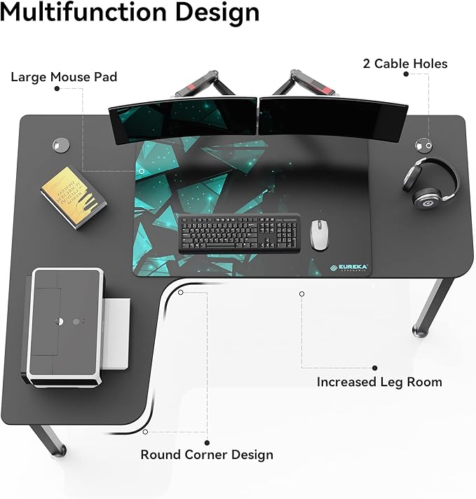 EUREKA ERGONOMIC L Shaped Gaming Desk 61 Inch Corner Computer Desk Modern Office Study Writing Desk Home Gaming Table with Mouse Pad &amp Cable Management Sturdy Metal Frame Easy to Assembly Le