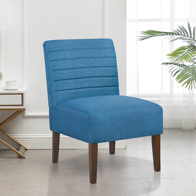 Rubberwood Slipper Chair Accent Armless Chair with High Back - Modern Upholstered Lounge Chair for Living Room Bedroom Office Deep Seat Comfy Reading Chair (Blue)